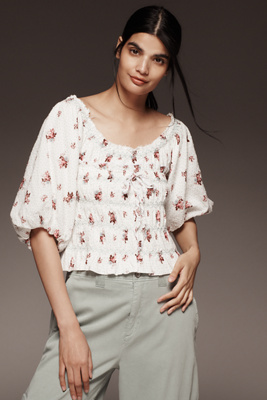 Puff-Sleeve Smocked Floral Print Blouse