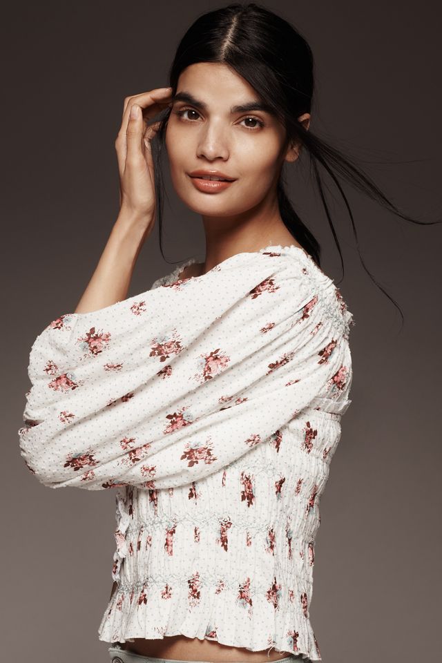 By Anthropologie Puff-Sleeve Smocked Floral Print Blouse #1