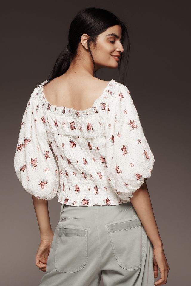 By Anthropologie Puff-Sleeve Smocked Floral Print Blouse #2