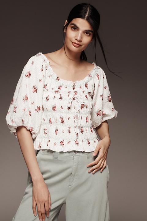 By Anthropologie Puff-Sleeve Smocked Floral Print Blouse