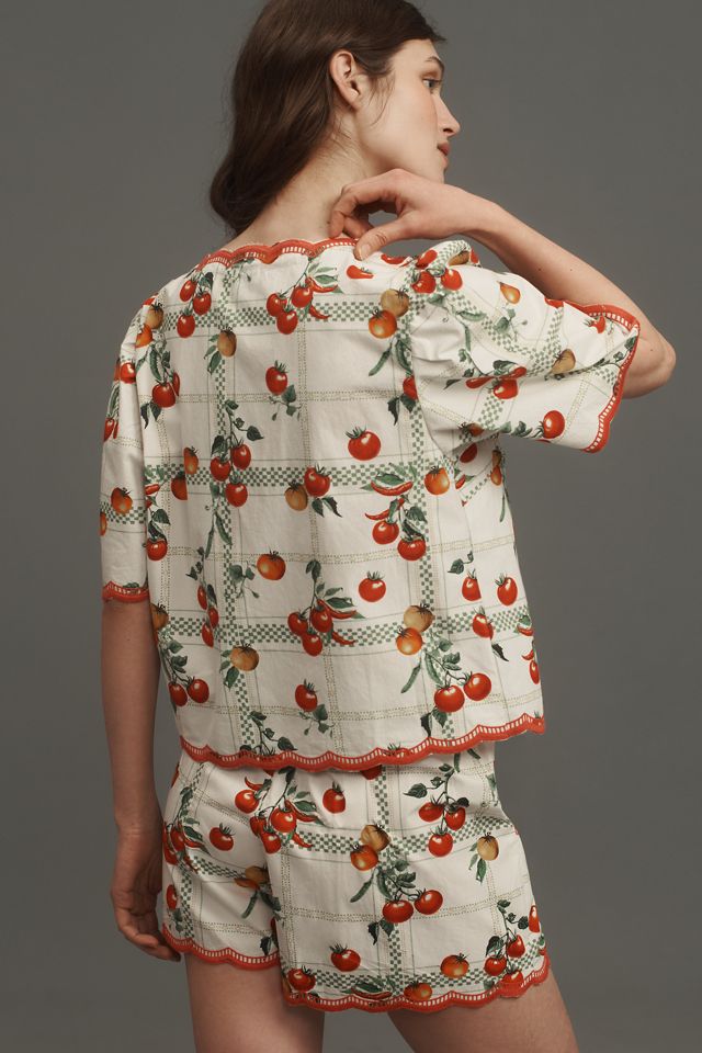 Maeve Veggie Bloom Short-Sleeve Tie-Front Blouse