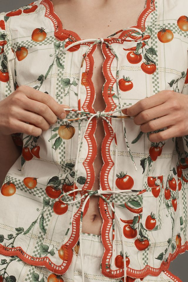 Maeve Veggie Bloom Short-Sleeve Tie-Front Blouse