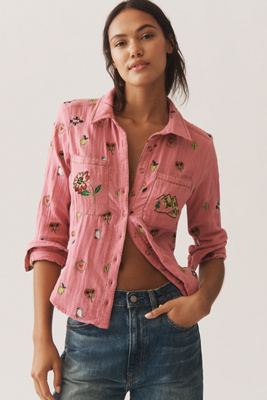 Pilcro Embroidered Icon Buttondown Shirt In Pink