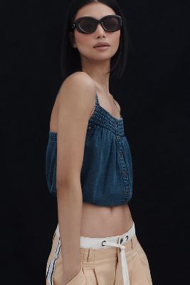 Chambray Button-Front Bubble-Hem Top