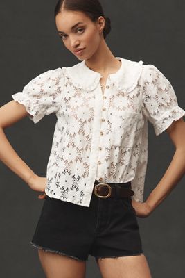 By Anthropologie Balloon-Sleeve Collared Shirred Blouse