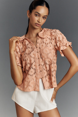 Pilcro The Keira Collared Button-front Blouse By : Lace Edition In Orange