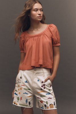 Pilcro Cotton-blend Puff-sleeve Cropped Blouse In Orange