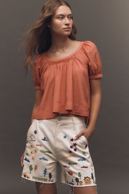 Pilcro Cotton-Blend Puff-Sleeve Crop Blouse