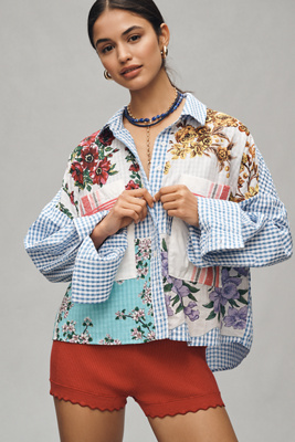 Shop Maeve Long-sleeve Patchwork Tea Towel Buttondown Shirt