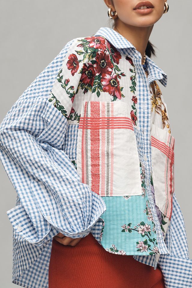 Maeve Long-Sleeve Patchwork Tea Towel Buttondown Shirt #3
