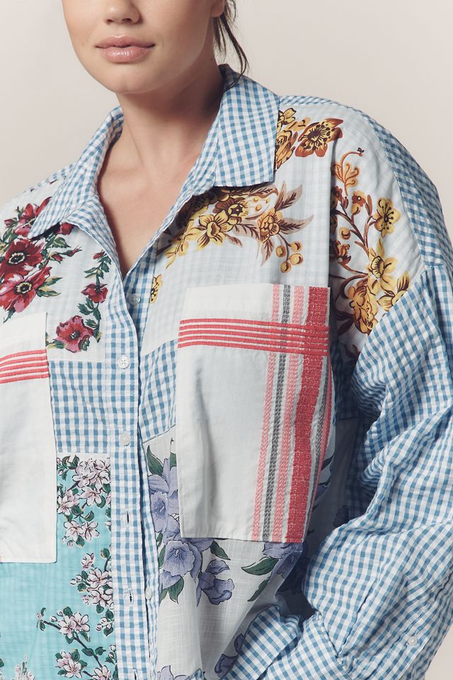 Maeve Long-Sleeve Patchwork Tea Towel Buttondown Shirt #7