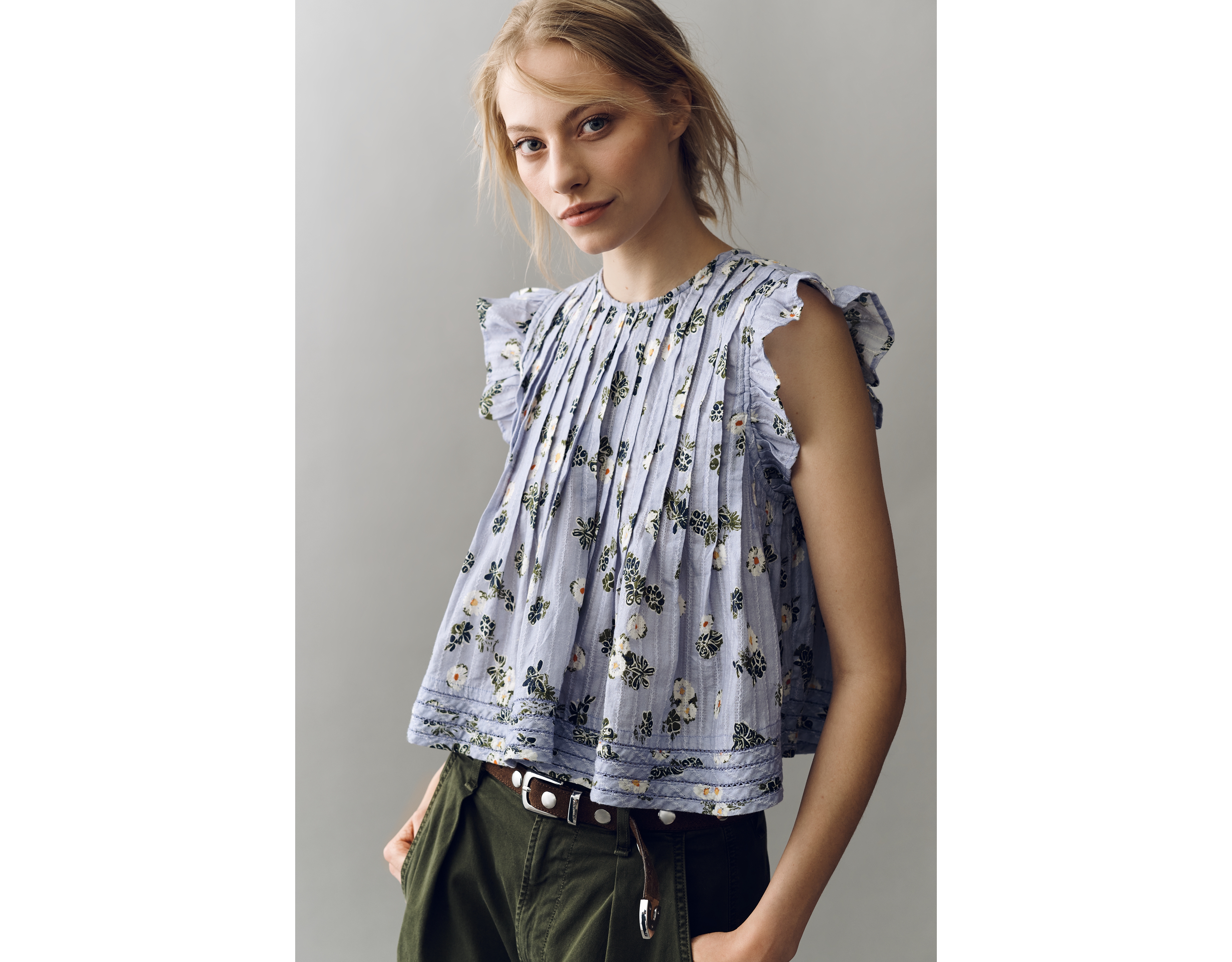 Pilcro Jade Short-Sleeve Pleated Swing Top
