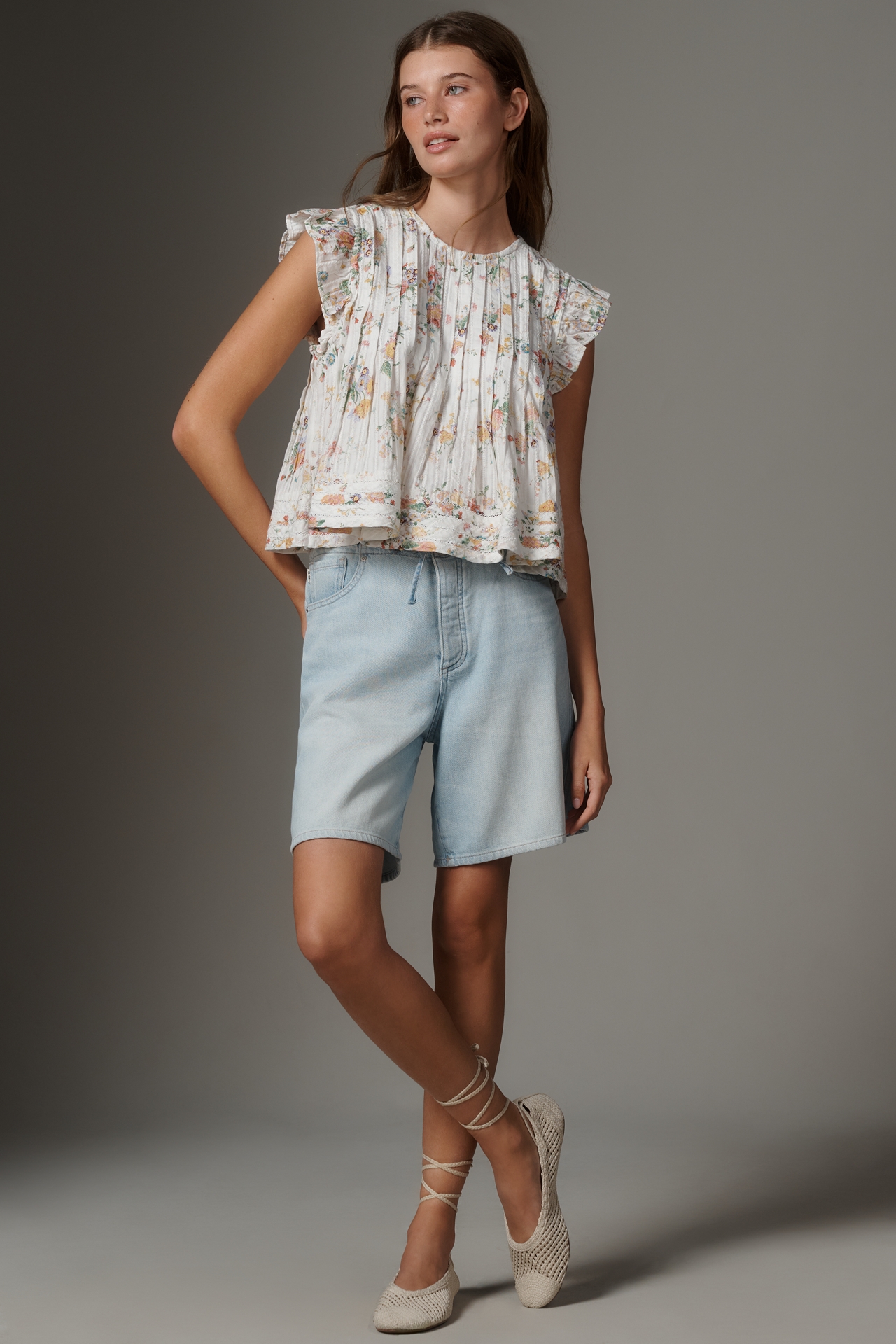 Pilcro Jade Short-Sleeve Pleated Swing Top