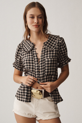 anthropologie The Keira Plaid Blouse by Pilcro Black Pattern