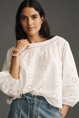 Long-Sleeve Eyelet Swing Blouse