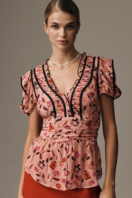 Anisa Makhoul x Maeve V-Neck Puff-Sleeve Printed Blouse