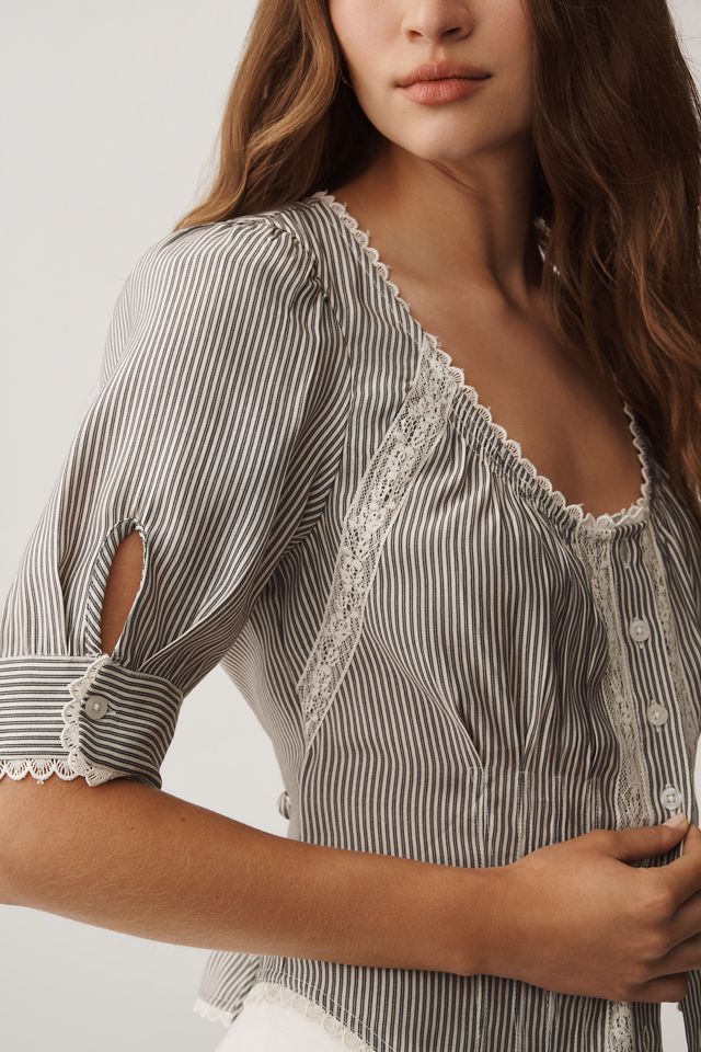 By Anthropologie Short-Sleeve Pintuck Button-Front Blouse #1