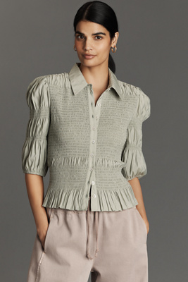By Anthropologie Smocked Buttondown Top In Green