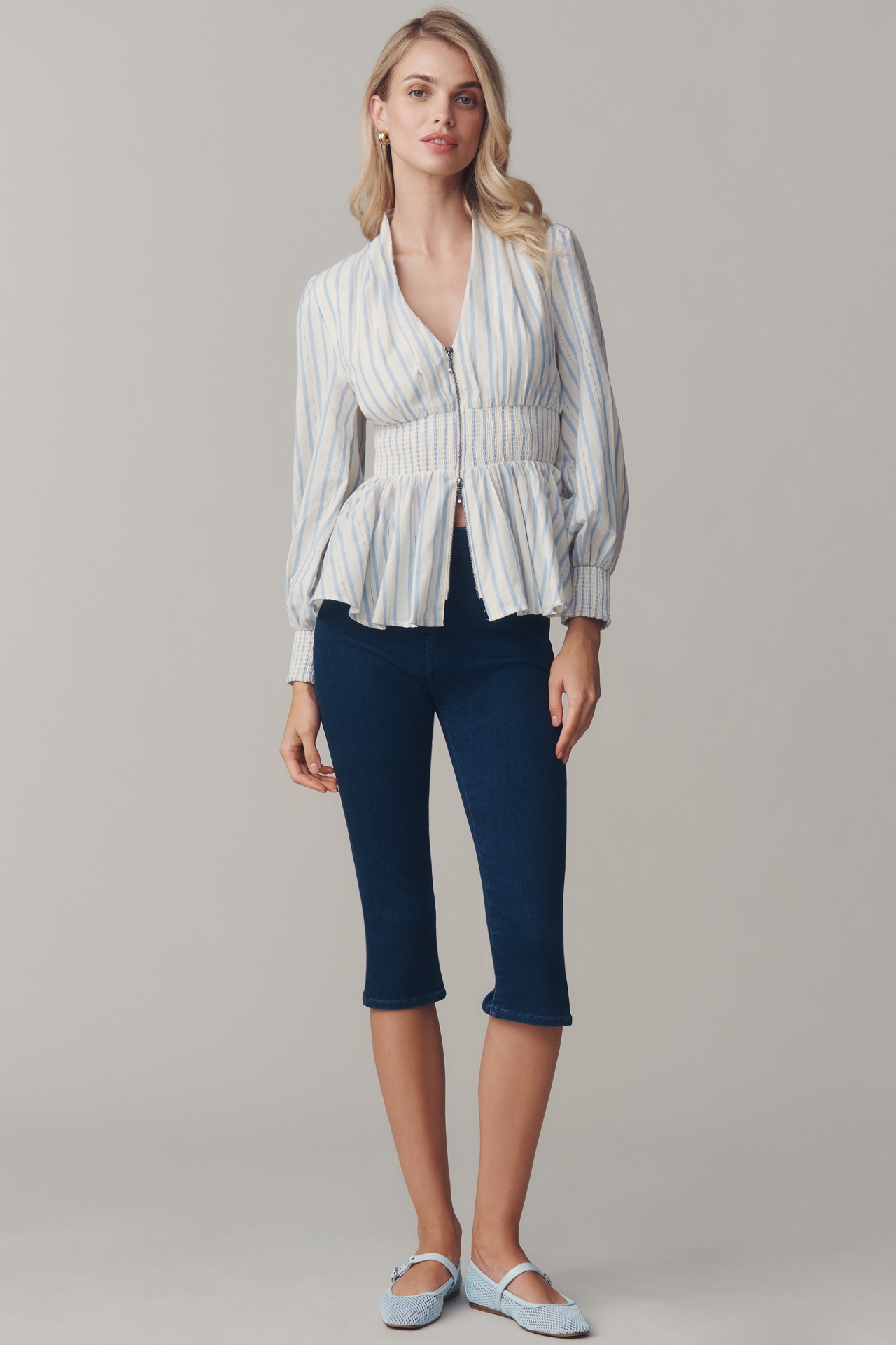 The Tommie Long-Sleeve Smocked Front-Zip Blouse