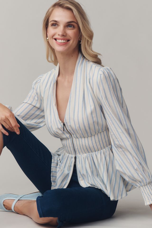 The Tommie Long-Sleeve Smocked Front-Zip Blouse #3