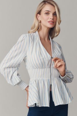 The Tommie Long-Sleeve Smocked Front-Zip Blouse