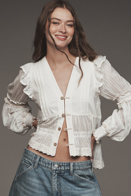 Pilcro Twofer Ruffled Peasant Blouse In Blue