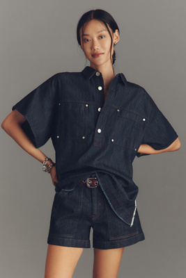 Pilcro Short-sleeve Rinsed Denim Popover Top In Blue