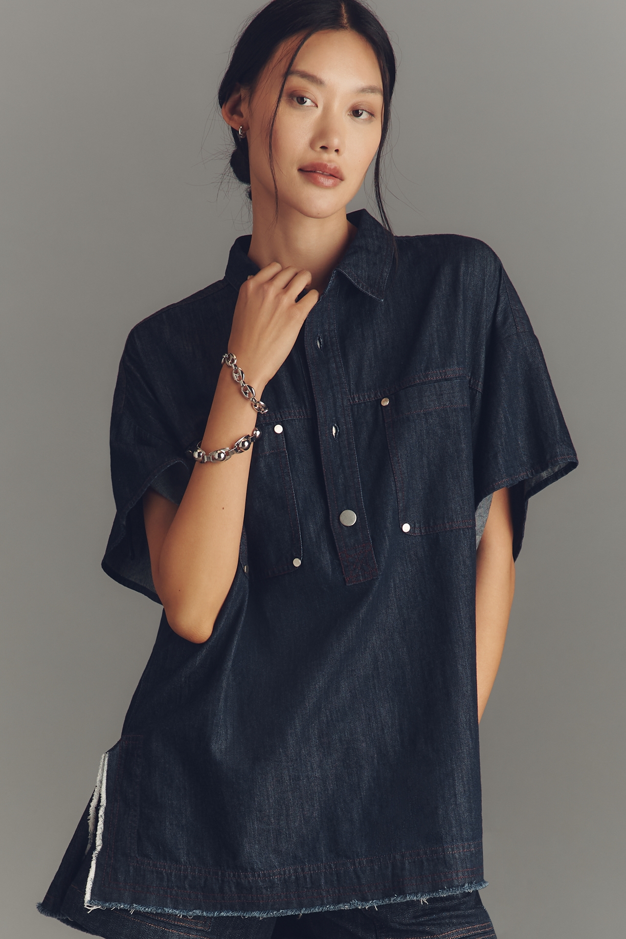 Pilcro Rinsed Denim Popover Top