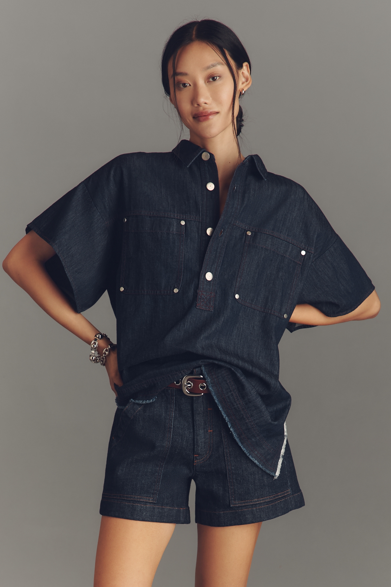 Pilcro Rinsed Denim Popover Top