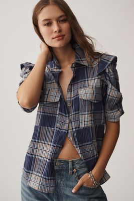 The Ozzi Plaid Ruffle-Sleeve Buttondown Shirt by Pilcro