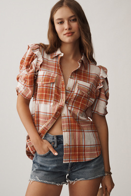 Pilcro The Ozzi Plaid Ruffle-sleeve Buttondown Shirt By  In Red