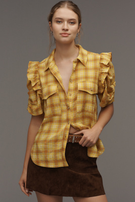 Pilcro The Ozzi Plaid Ruffle-sleeve Buttondown Shirt By  In Yellow