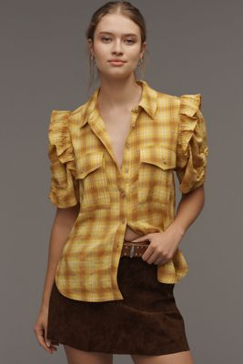 The Ozzi Plaid Ruffle-Sleeve Buttondown Shirt by Pilcro