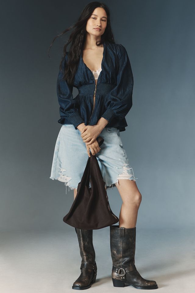 The Tommie Long-Sleeve Denim Smocked Front-Zip Blouse #2
