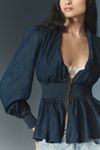 The Tommie Long-Sleeve Denim Smocked Front-Zip Blouse