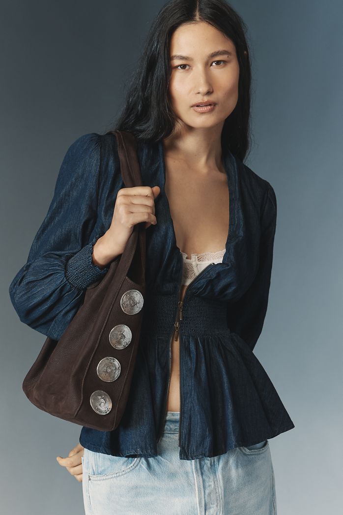 The Tommie Long-Sleeve Denim Smocked Front-Zip Blouse
