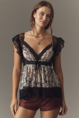 By Anthropologie Lace & Faux-leather Top In Gray