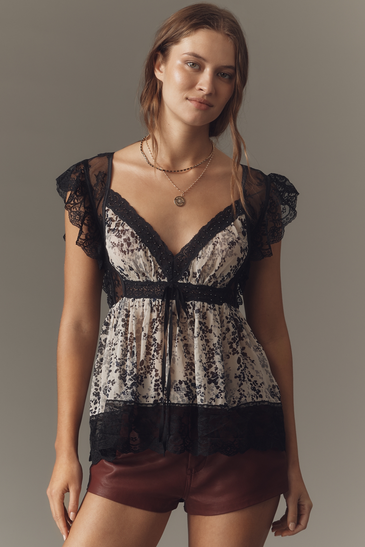 By Anthropologie Lace & Faux-Leather Top