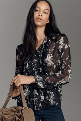 By Anthropologie Sheer Buttondown Lace Blouse