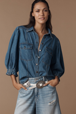 Pilcro Balloon-sleeve Denim Buttondown Top In Blue