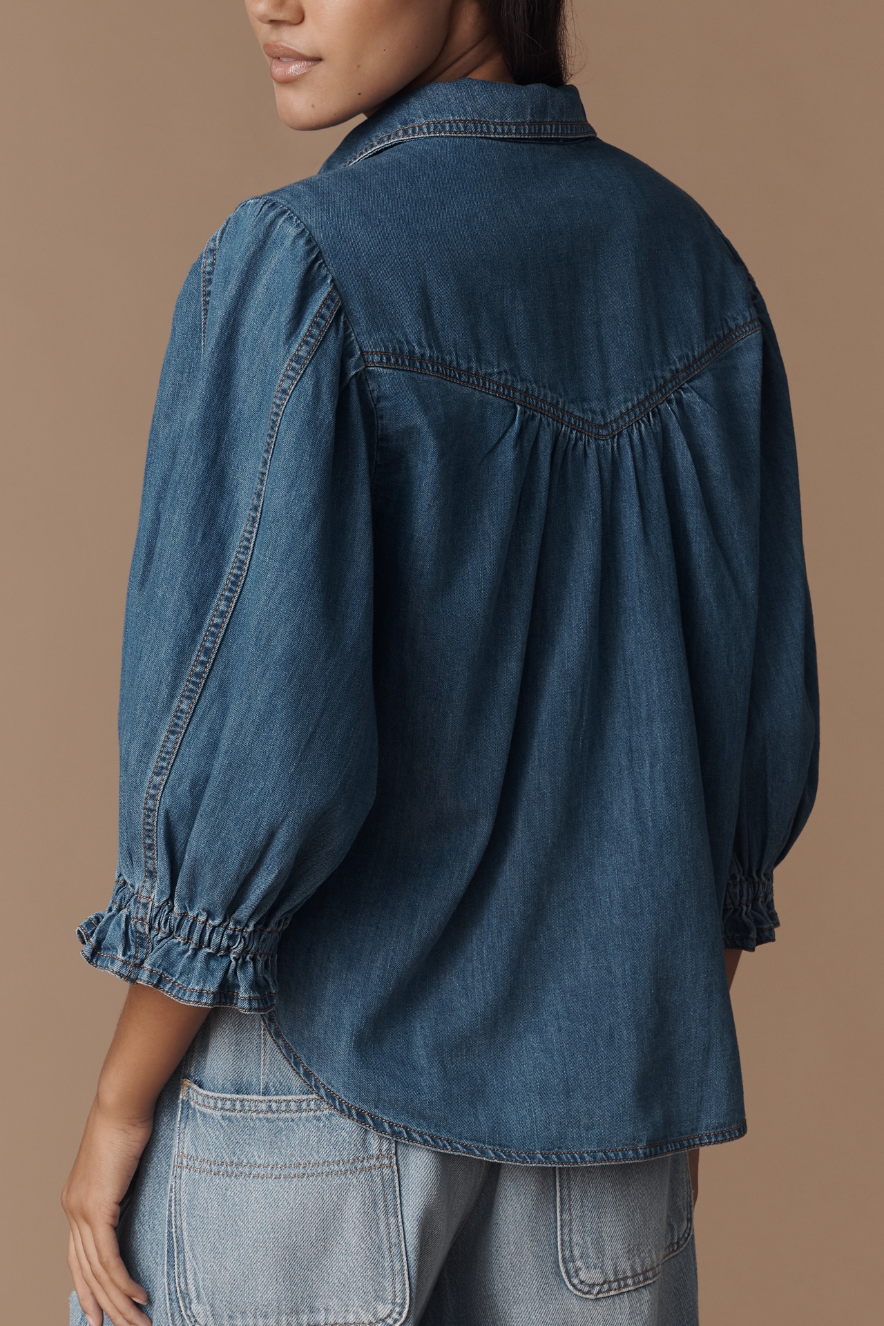 Pilcro Balloon-Sleeve Denim Buttondown Top