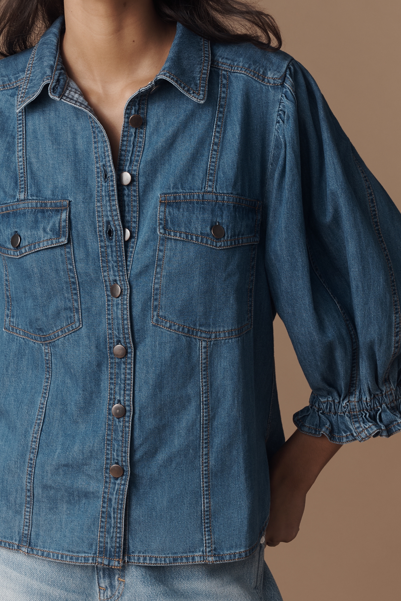 Pilcro Balloon-Sleeve Denim Buttondown Top