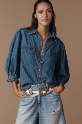 Pilcro Balloon-Sleeve Denim Buttondown Top