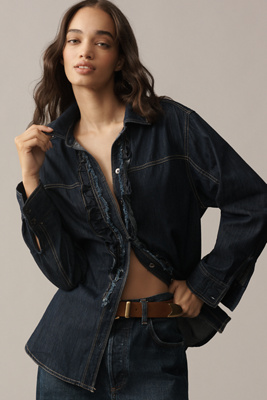 Pilcro Denim Ruffle Buttondown Tunic In Blue
