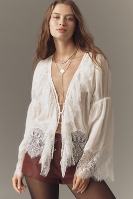 By Anthropologie Sheer Ruffled Lace Blouse In Neutral