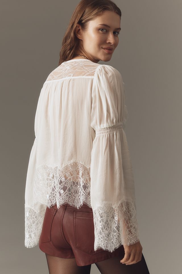 By Anthropologie Sheer Ruffled Lace Blouse #2