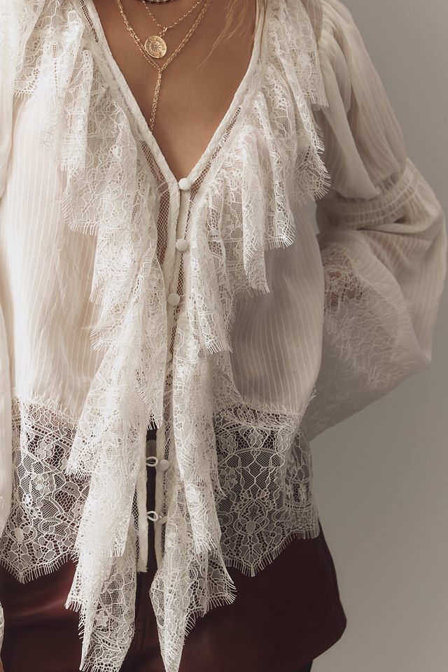By Anthropologie Sheer Ruffled Lace Blouse #3