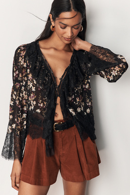 By Anthropologie Sheer Ruffled Lace Blouse In Black