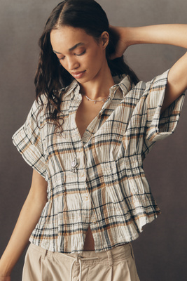 Pilcro The Bobbie Short-sleeve Fitted-waist Plaid Blouse By  In Red