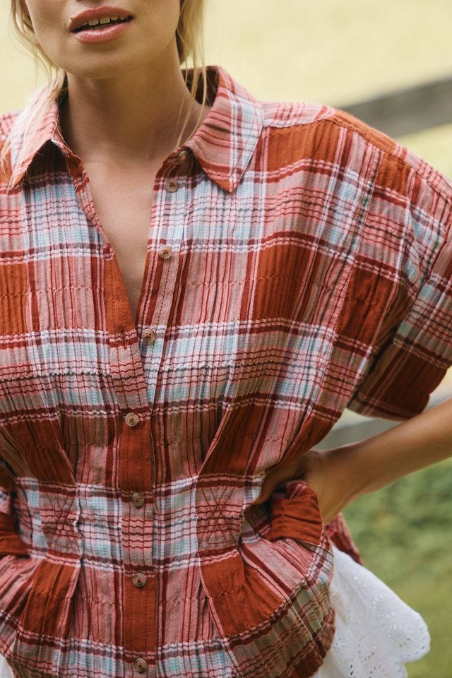 The Bobbie Short-Sleeve Fitted-Waist Plaid Blouse by Pilcro #3